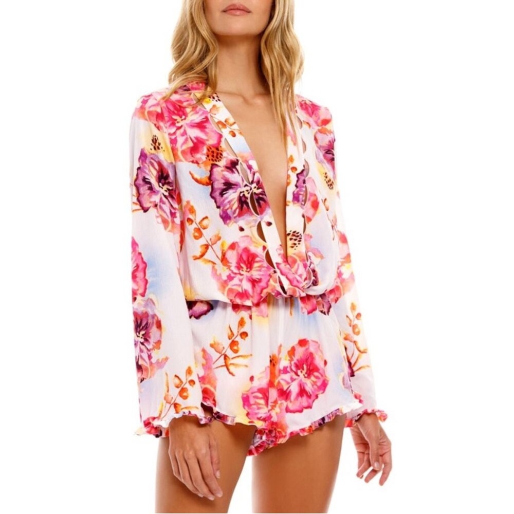 Agua Bendita Floral Plunging Romper in Pink and Purple